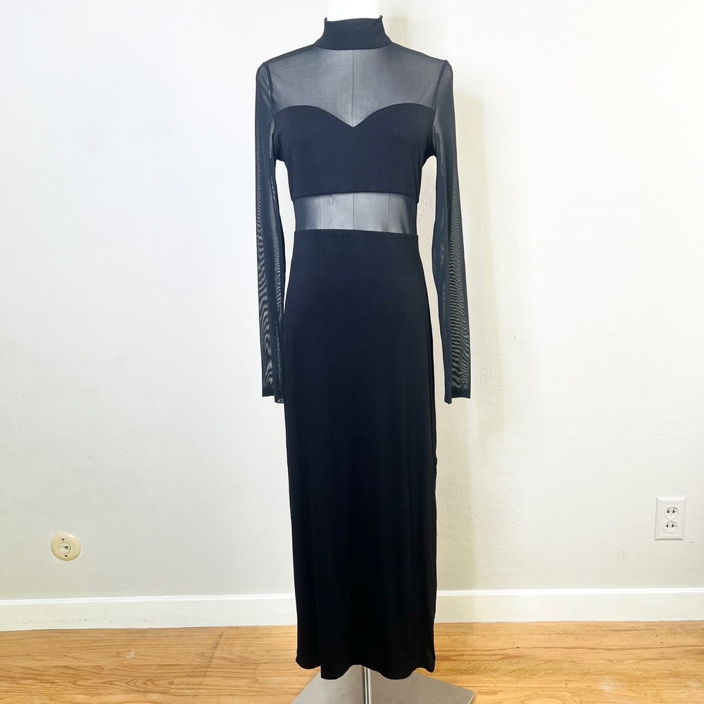 Petal + Pup Black Mesh Panel Mock Neck Midi Dress Long Sleeve Side Slit Large